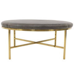 Modern Style Milan Circular Ottoman in Genuine Leather w/ Brass Frame & Legs