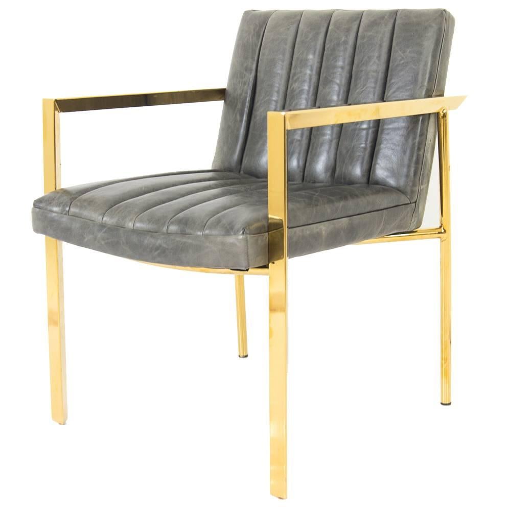 Modern Style Argentina Dining Chair in Grey w/ Pitched Back & Brass Frame For Sale