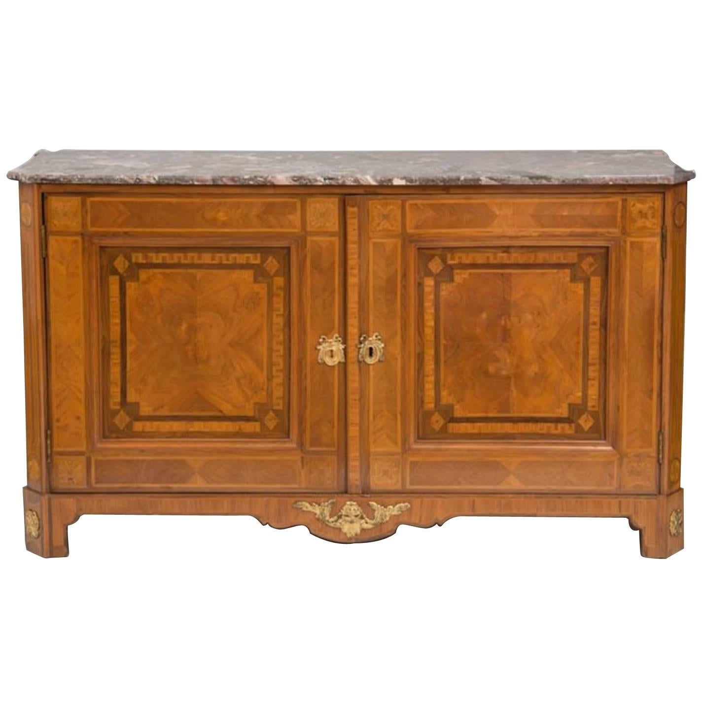 Fine Louis XVI Marquetry Inlaid Bronze Mounted Marble-Top Cabinet For Sale