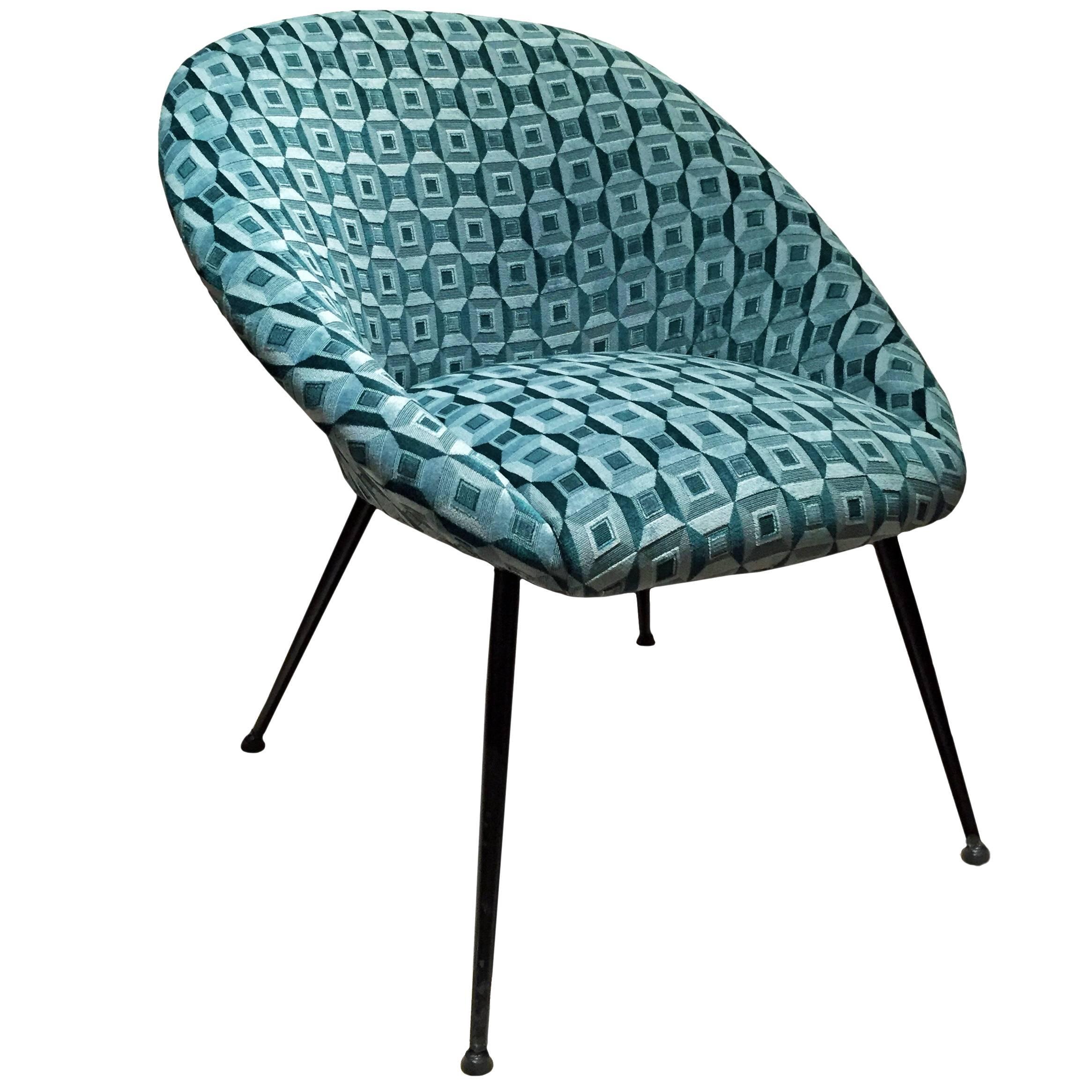 Mid-Century Curved Back Lounge Chair in Green Patterned Silk Velvet For Sale