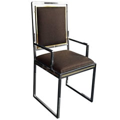 1970s French Brass and Chrome Dining Chair with Dark Brown Textured Upholstery
