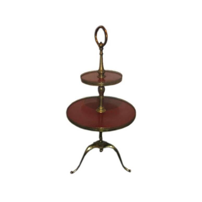 Italian Two-Tiered Table on Brass Tri-Pod Base For Sale