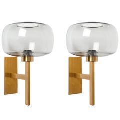 Pair Scandinavian Modern Westal Bankeryd Brass Sconces with Gray Glass Shades