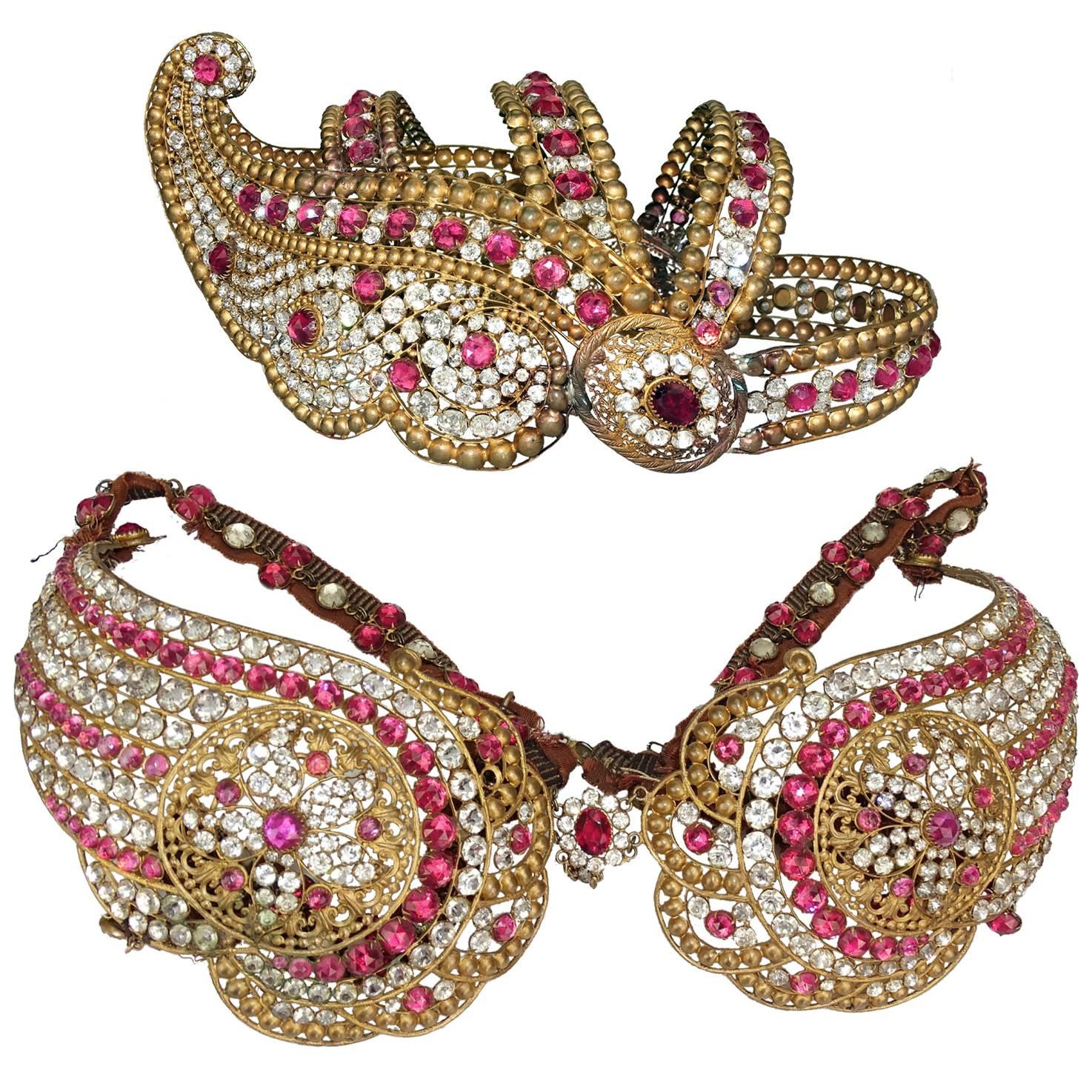 1920s Cleopatra Mata Hari Stage Crown and Bra Paris Red and Clear Rhinestones For Sale