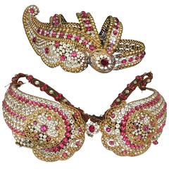 1920s Cleopatra Mata Hari Stage Crown and Bra Paris Red and Clear Rhinestones