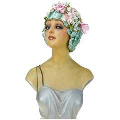 Antique 1920s Art Deco Paris Original Flapper Evening Wig Cloche Hair Green W/ Flowers