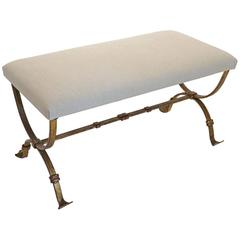 Gilt Iron Bench with Upholstered Linen Seat, Spain, circa 1940