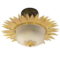 1930s Gilt Metal and Frosted Glass Semi Flush Ceiling Fixture