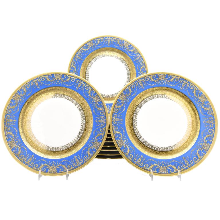 Set of 12 Limoges Periwinkle Blue and Raised Paste Gold Dinner Plates