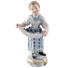 Antique Porcelain Figurines, Meissen, Girl with Flowers, Late 19th Century