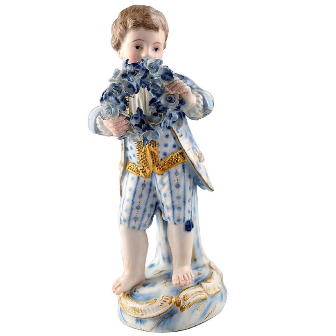 Antique Porcelain Figurines, Meissen, Boy with Garland, Late 19th Century