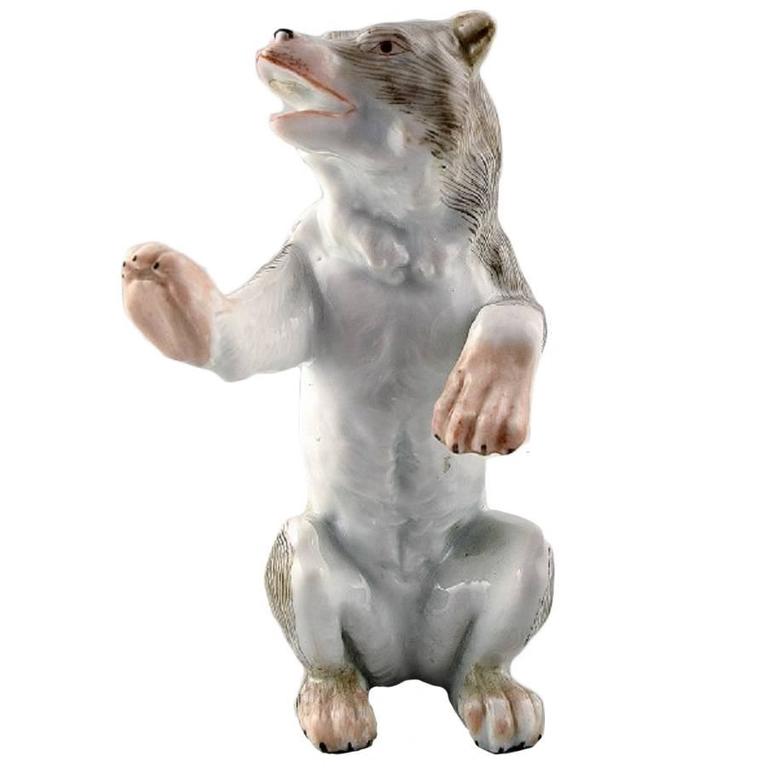 Antique Porcelain Figurine of Standing Bear, Meissen Style, Late 19th