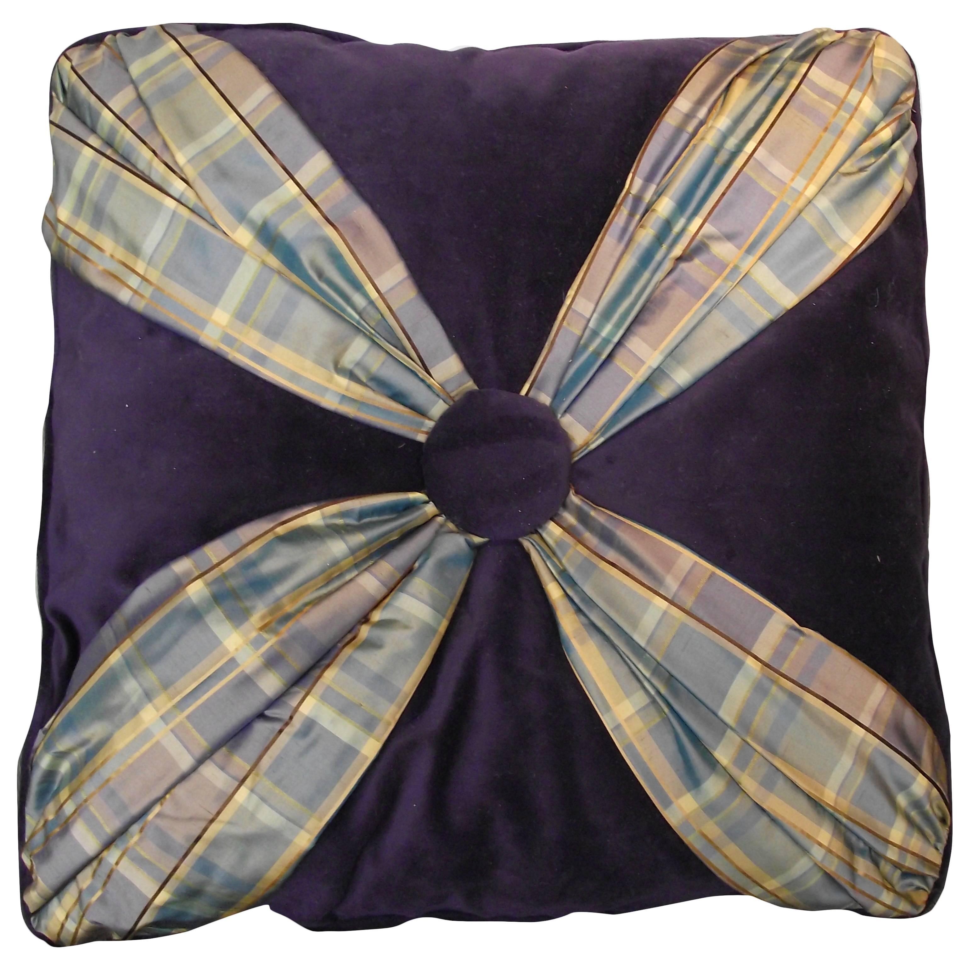 Throw Pillow in Aubergine ( Purple) Velvet and Plaid Silk/ Original Design For Sale