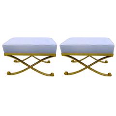 Pair of Mastercraft Hammered  Brass x Base Stools