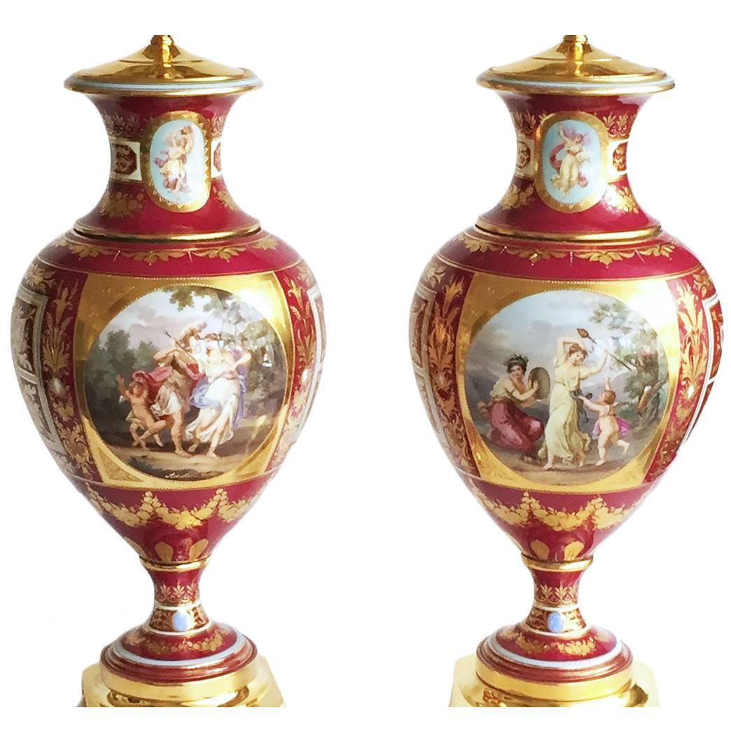 Fine Pair of German Porcelain Vienna Cabinet Vases, Now Lamped For Sale