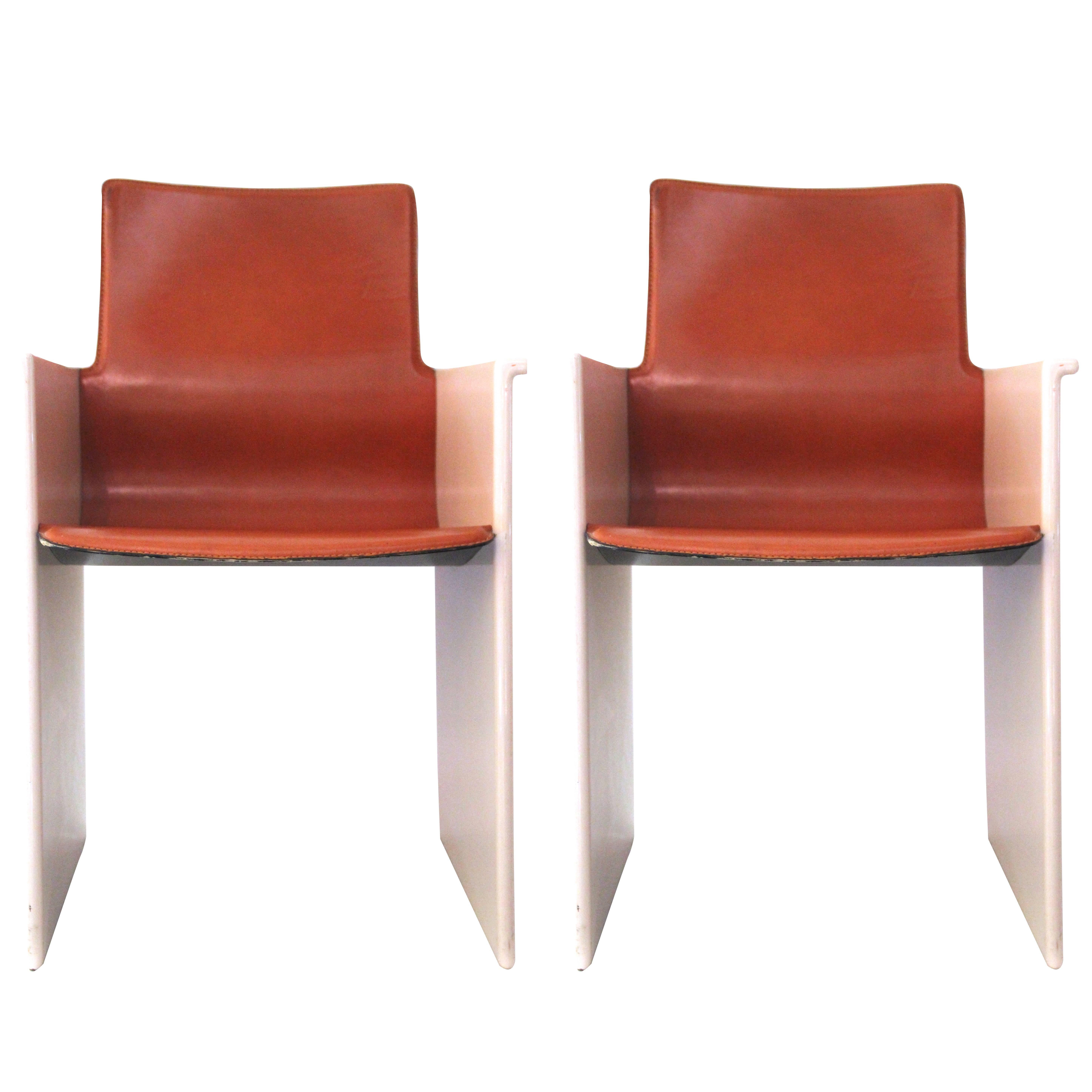 Scarpa, Pair of Armchairs, Leather and Pink Lacquer, circa 1970, Italy