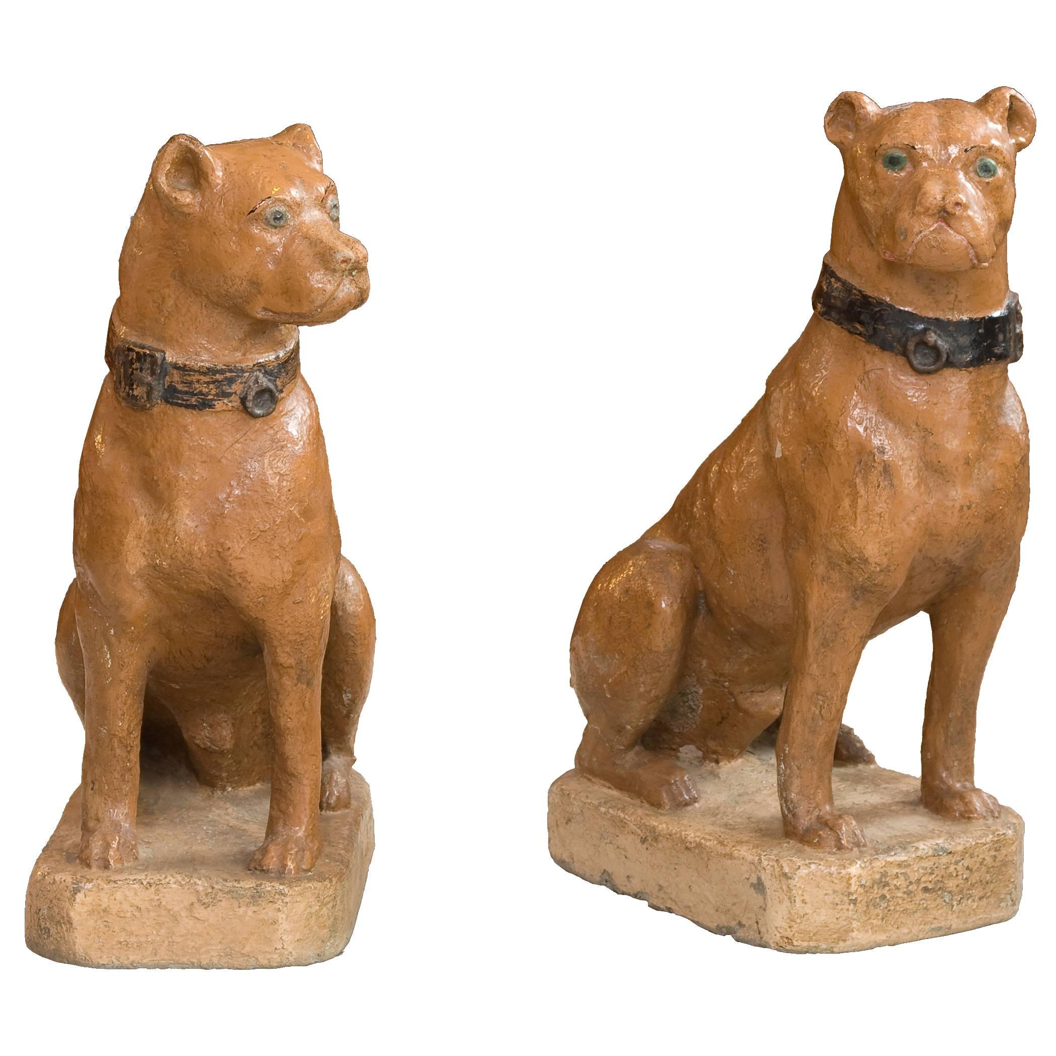Pair of Painted Dogs Made in Reconstituted Stone, 19th Century For Sale