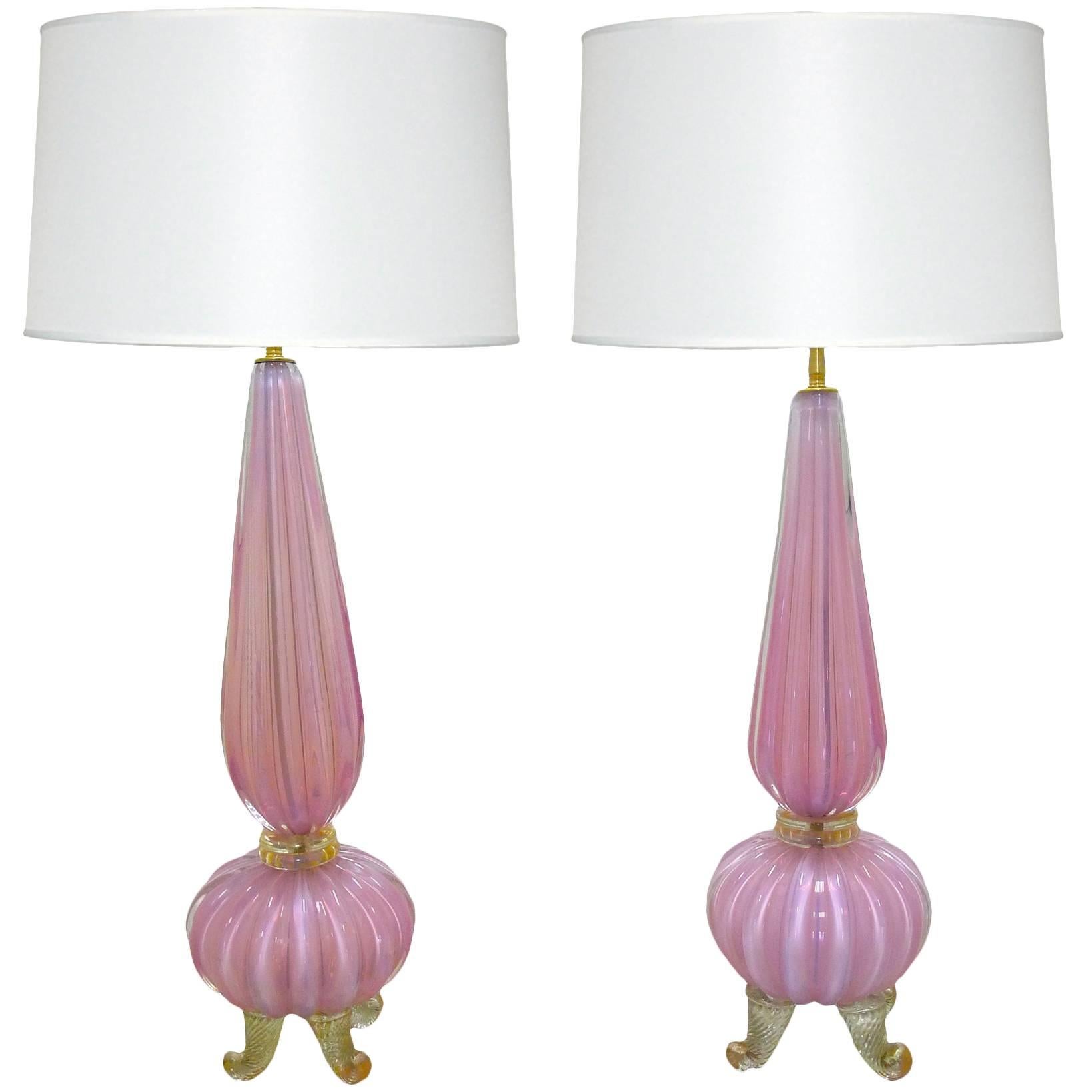 Pair of Mid-Century Pink Murano Footed Lamps