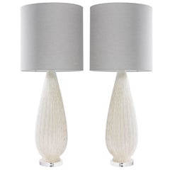 Pair of Mid-Century Monumental Tall Murano White Lamps