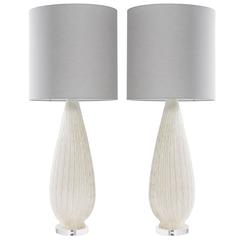 Pair of Mid-Century Monumental Tall Murano White Lamps 1