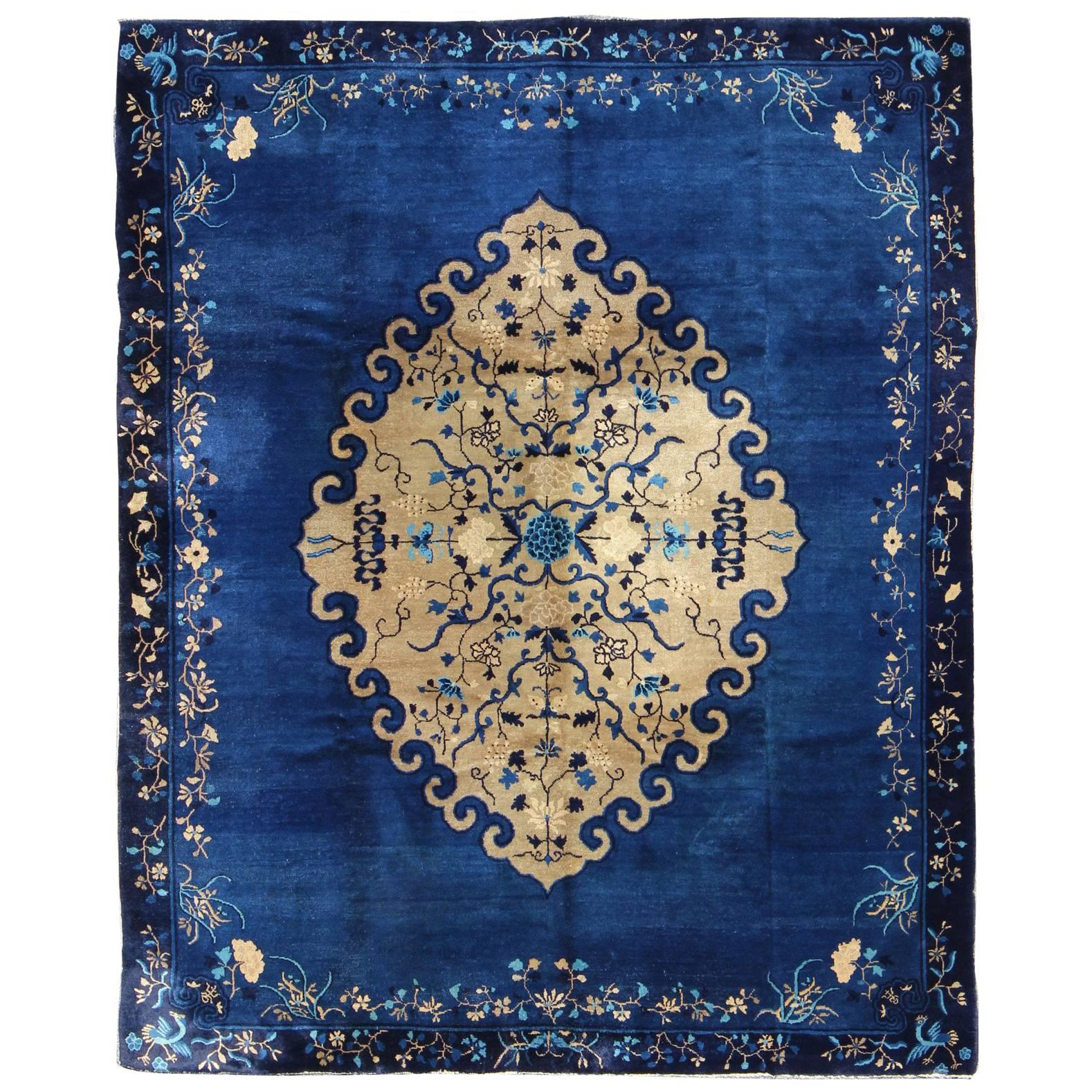 Antique Chinese Peking Rug in Royal Blue and Golden Camel Medallion