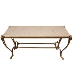 French Louis XVI Style  Bronze, Marble Oblong Coffee Table with Rams Head Design