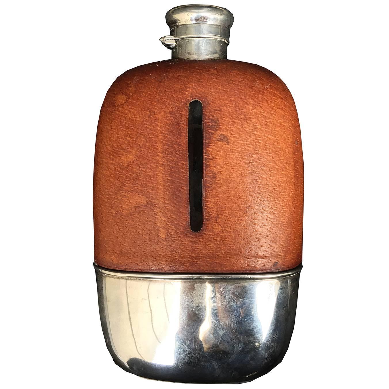 20th Century American Silver and Leather Safari Flask by Gorham, circa 1920