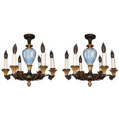 Antique Neoclassical Pair of Blue Wedgwood and Bronze Six-Arm Chandeliers