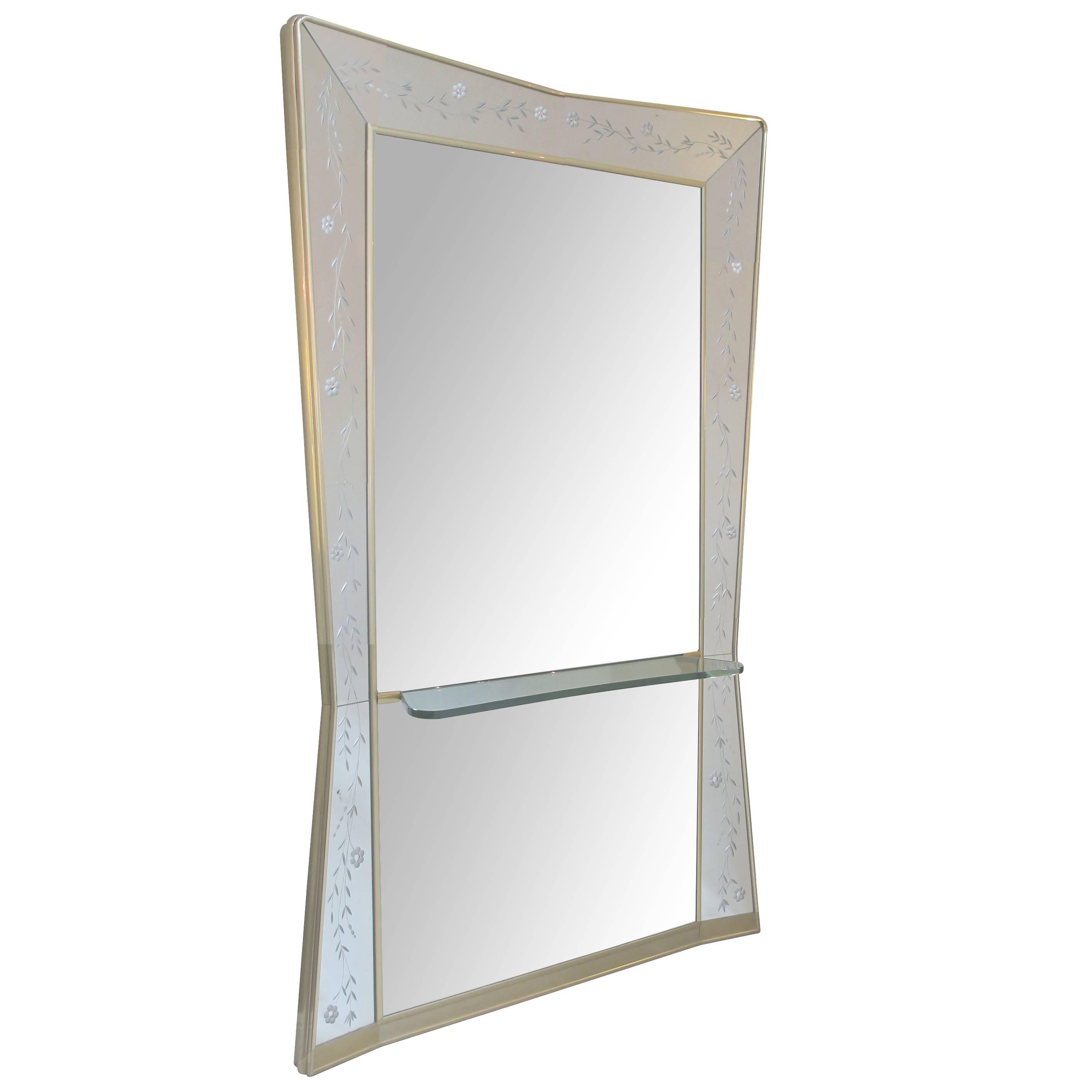 Exceptional Italian Etched Floor Mirror and Console, Manner of Fontana Arte