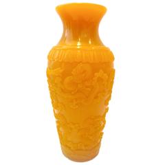 VIntage Imperial Yellow Peking Carved Glass Vase, 