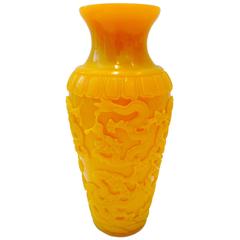 Vintage Chinese Peking Carved Glass Dragon Vase 