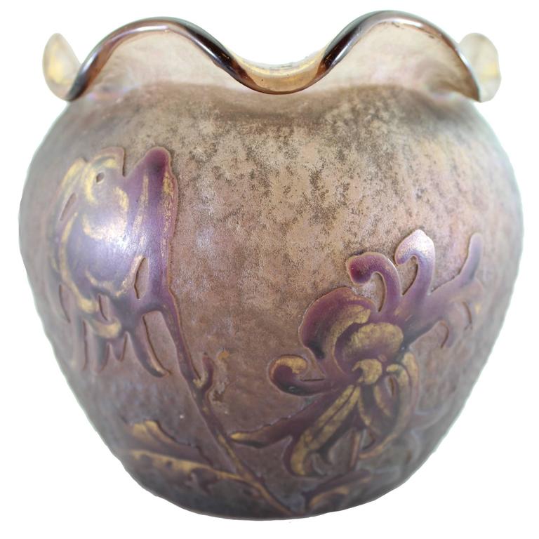 Daum Nancy Cameo Iridescent Iris Vase, circa 1900 at 1stDibs
