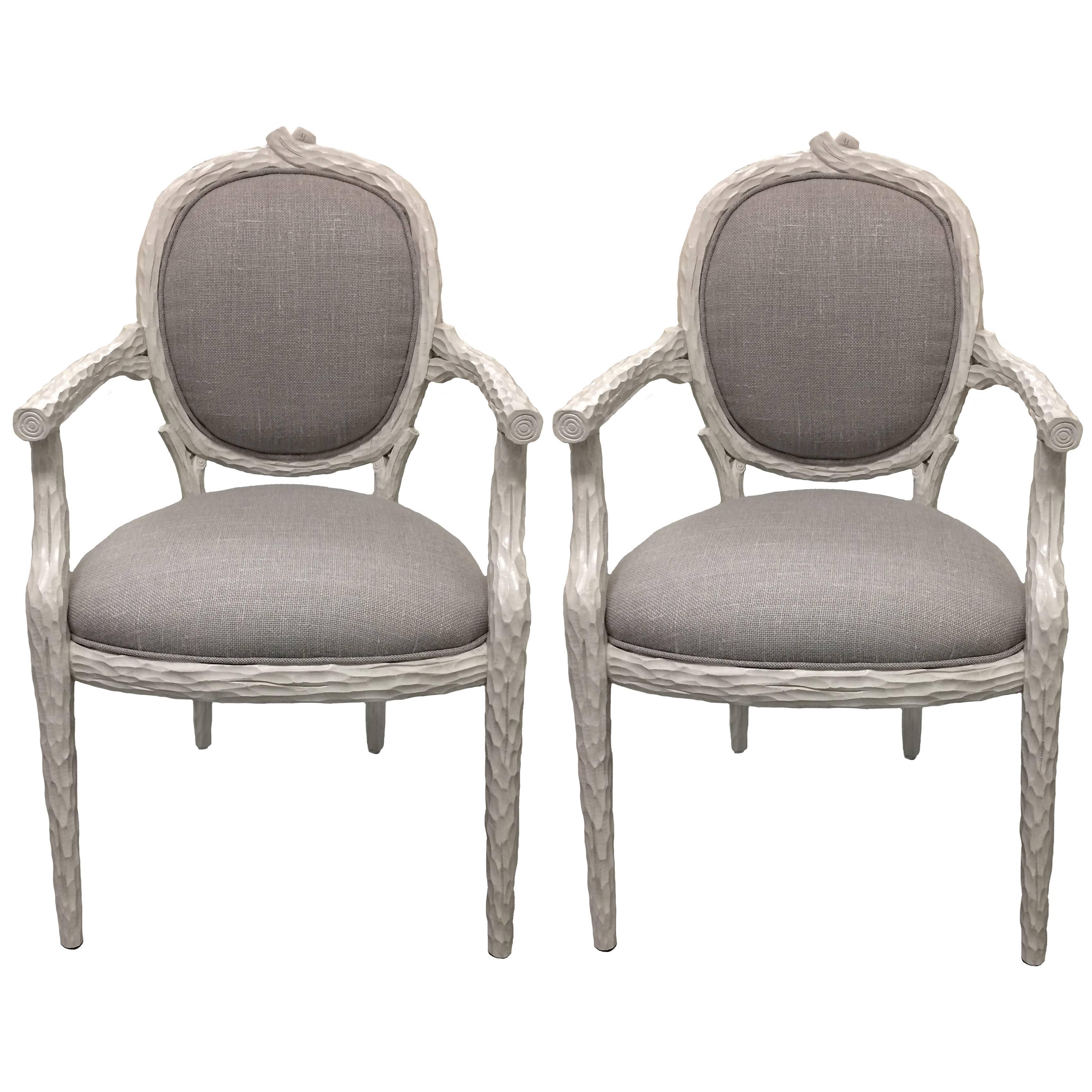 Painted White Faux-Bois Armchairs, Pair