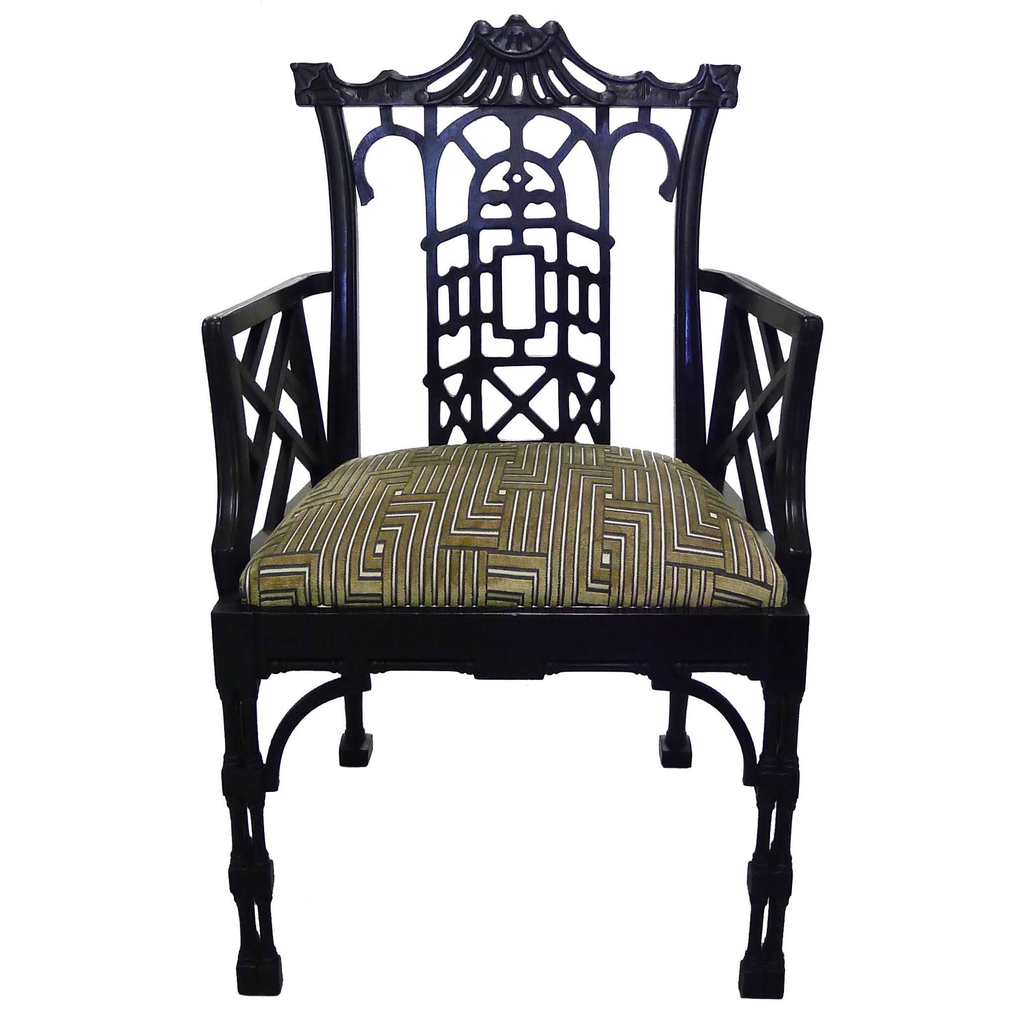 Chinese Chippendale Style Black Armchair