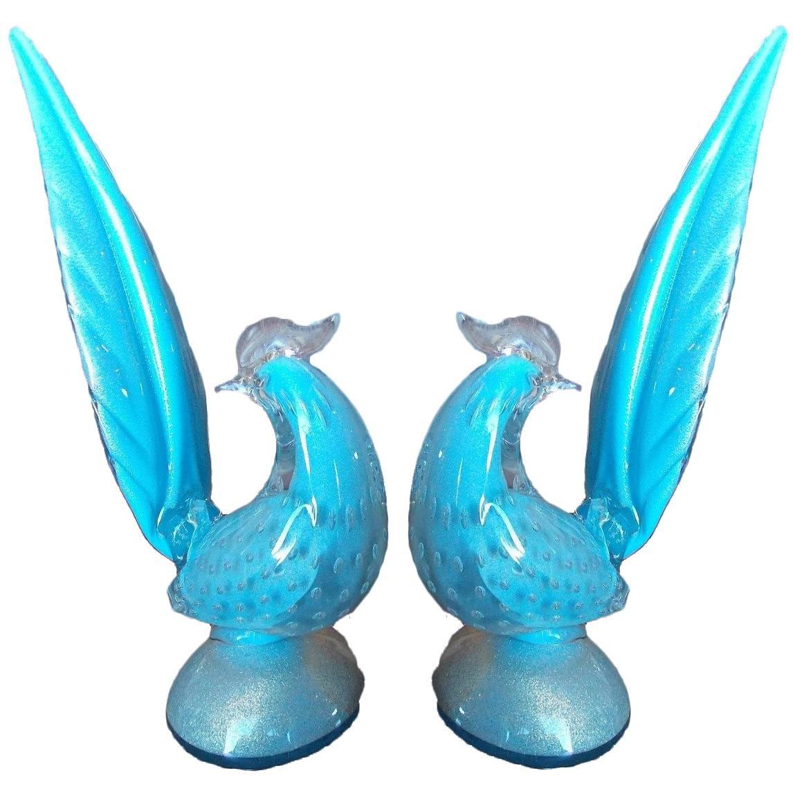 Mid-Century Barbini Murano Blue Birds, Pair