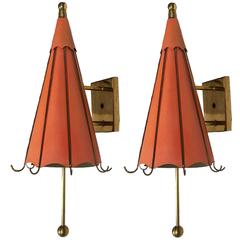 Pair of Mid-Century Lightolier Custom Tole Parasol Sconces