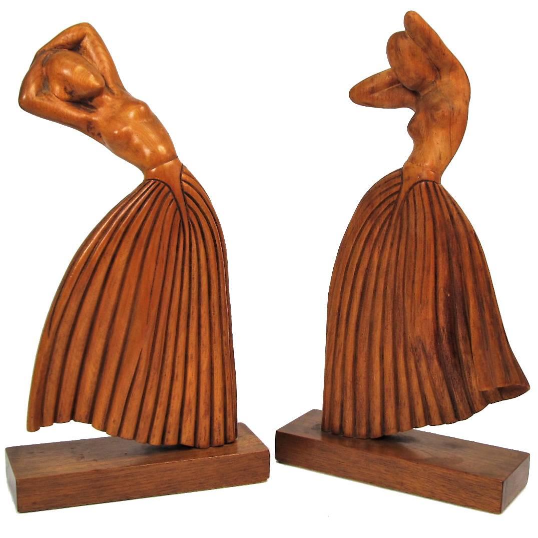 Pair of Hand-Carved Art Deco Dancing Female Figures