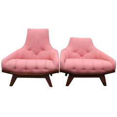 Pair of Mid-Century Modern Pink Linen and Walnut Gondola Chairs