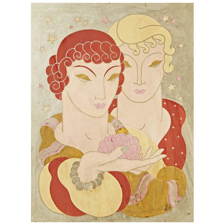 "Two Women with Peony Blossom," Superb Art Deco Painting, circa 1939