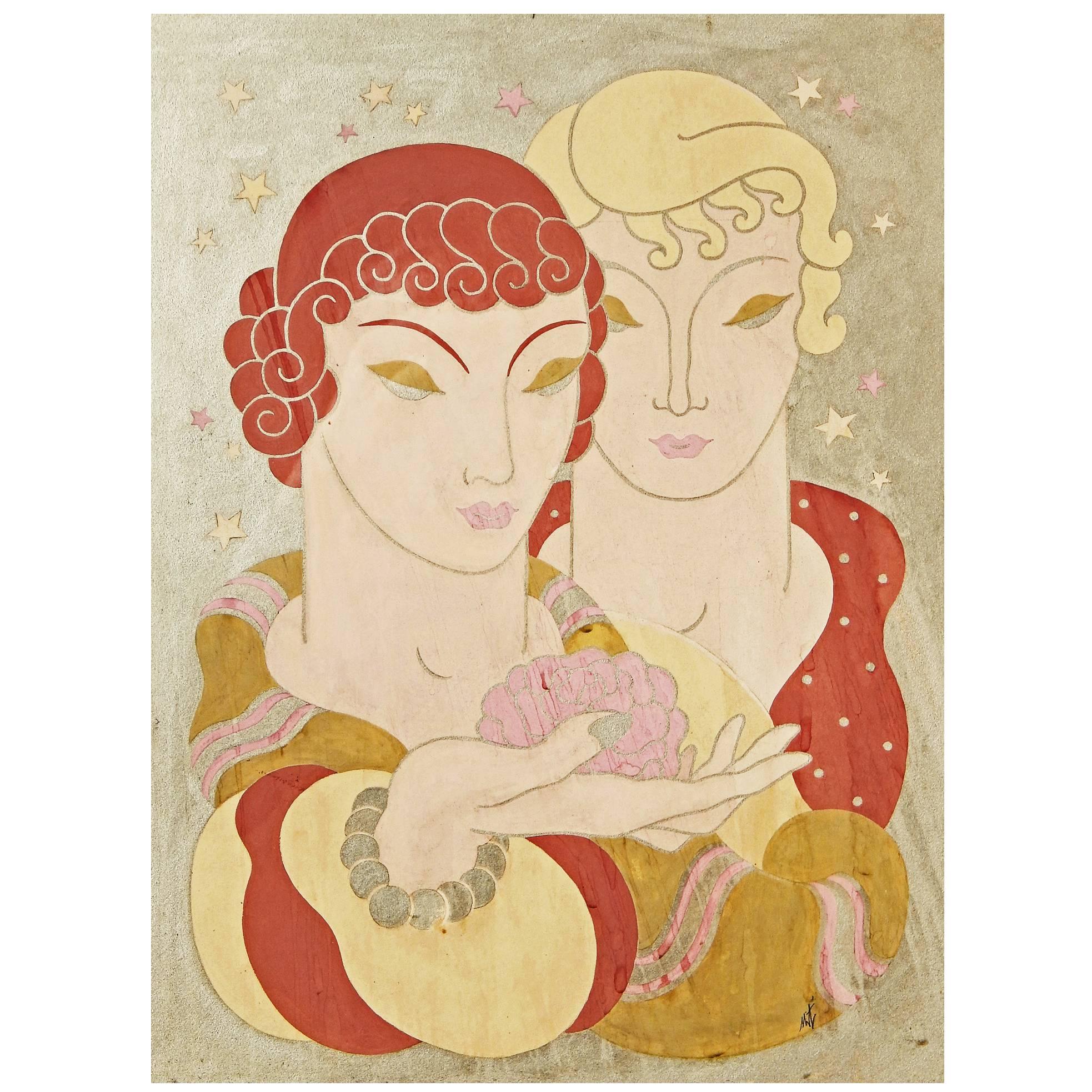 "Two Women with Peony Blossom, " Superb Art Deco Painting, circa 1939 For Sale