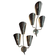 Pair of Micro-Perforated Brass Sconces by Paavo Tynell for Lightolier, 1950s