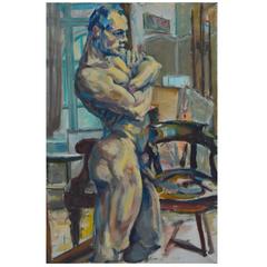 Large 1940s Painting of a Powerful Nude Man