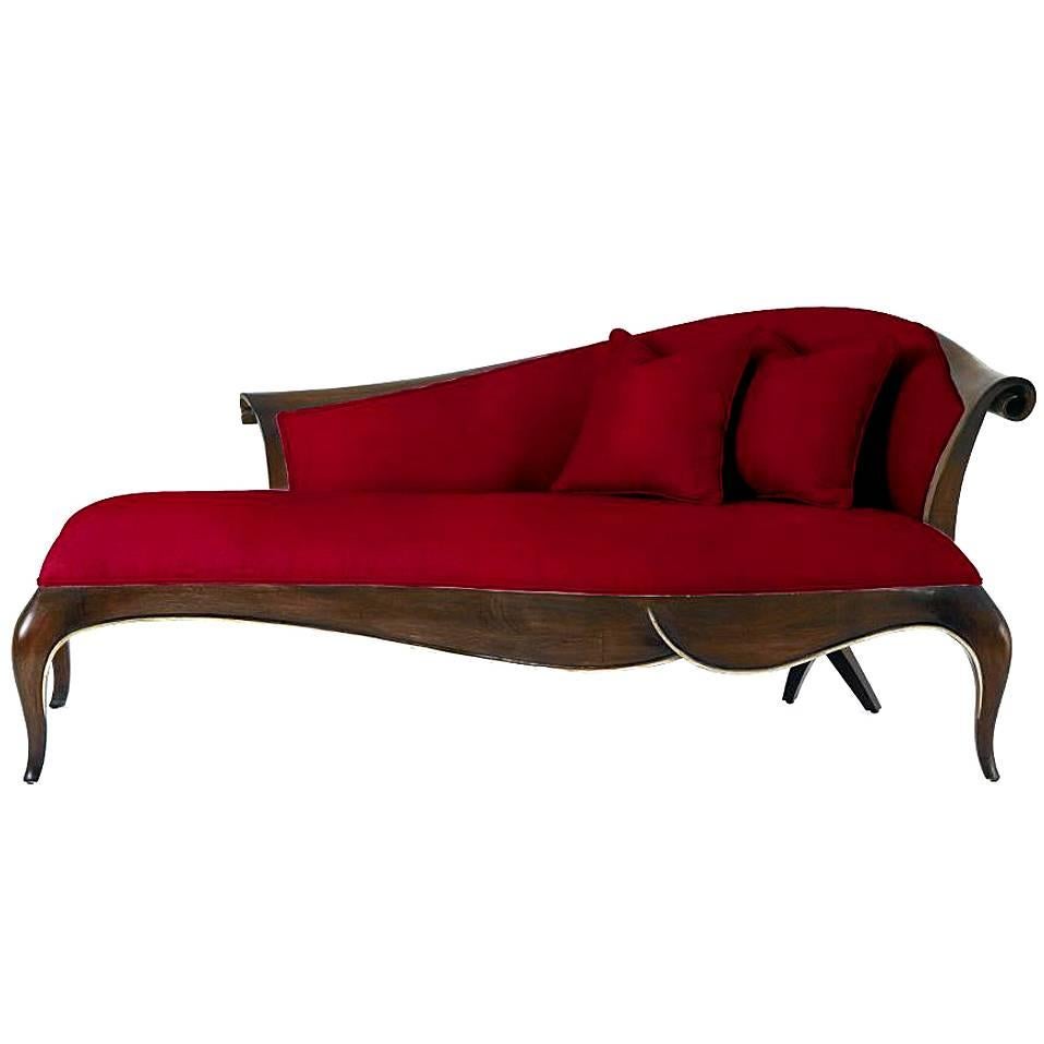 Carla Lounge Design Chair in Red Velvet and Brown Lacquered Mahogany For Sale