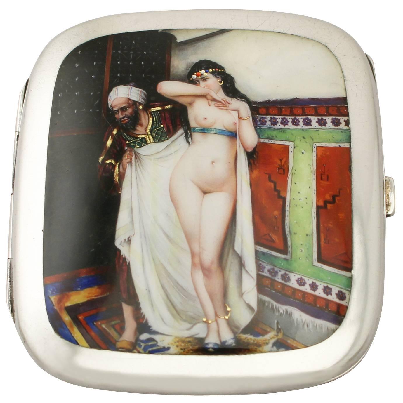 German Silver and Erotica Enamel Cigarette Case - Antique Circa 1920