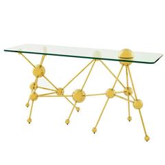 Console Table Sputnik with Gold Finish Structure and Clear Glass Top