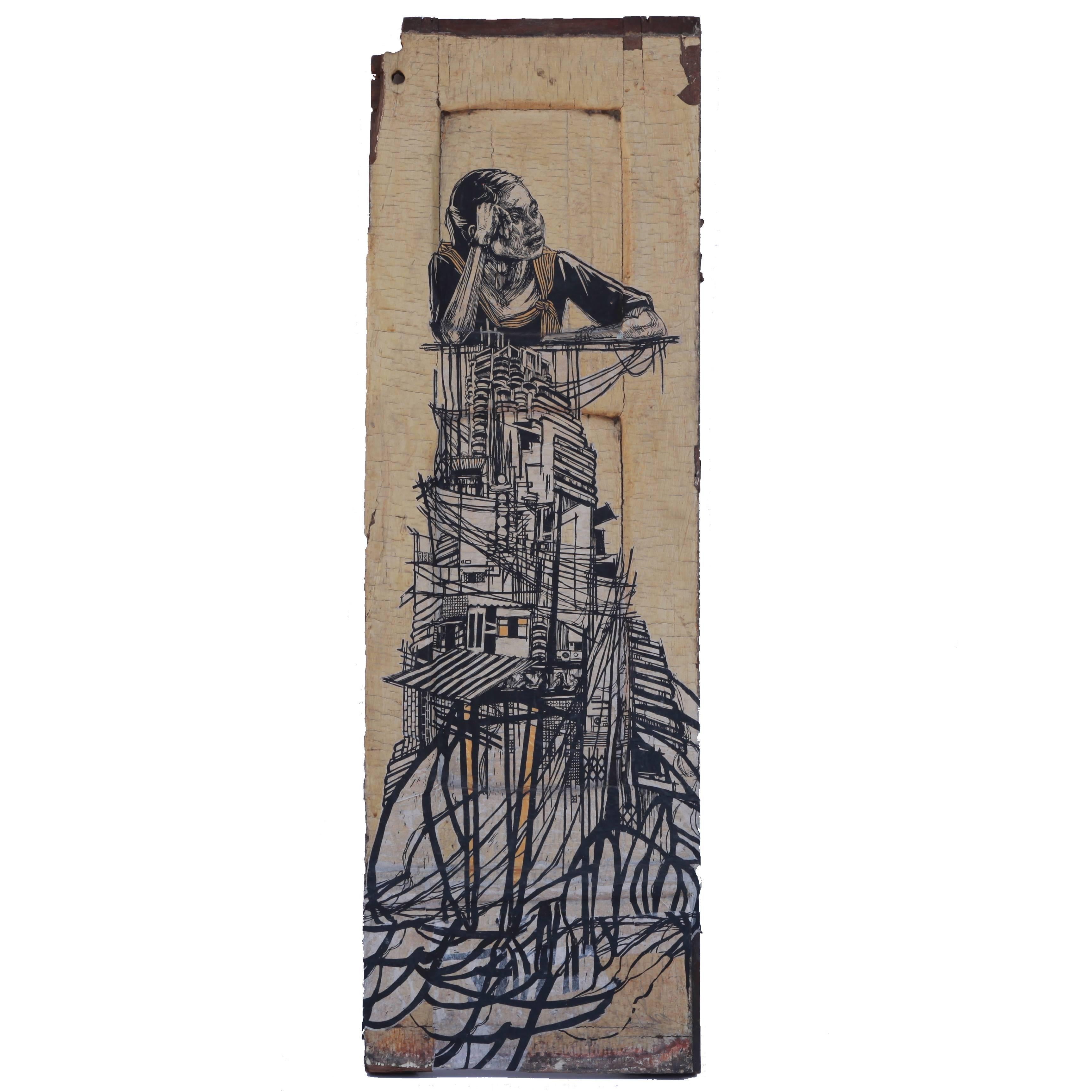Swoon "Girl from the Rangoon Provence" Wheat Paste on Found Object For Sale