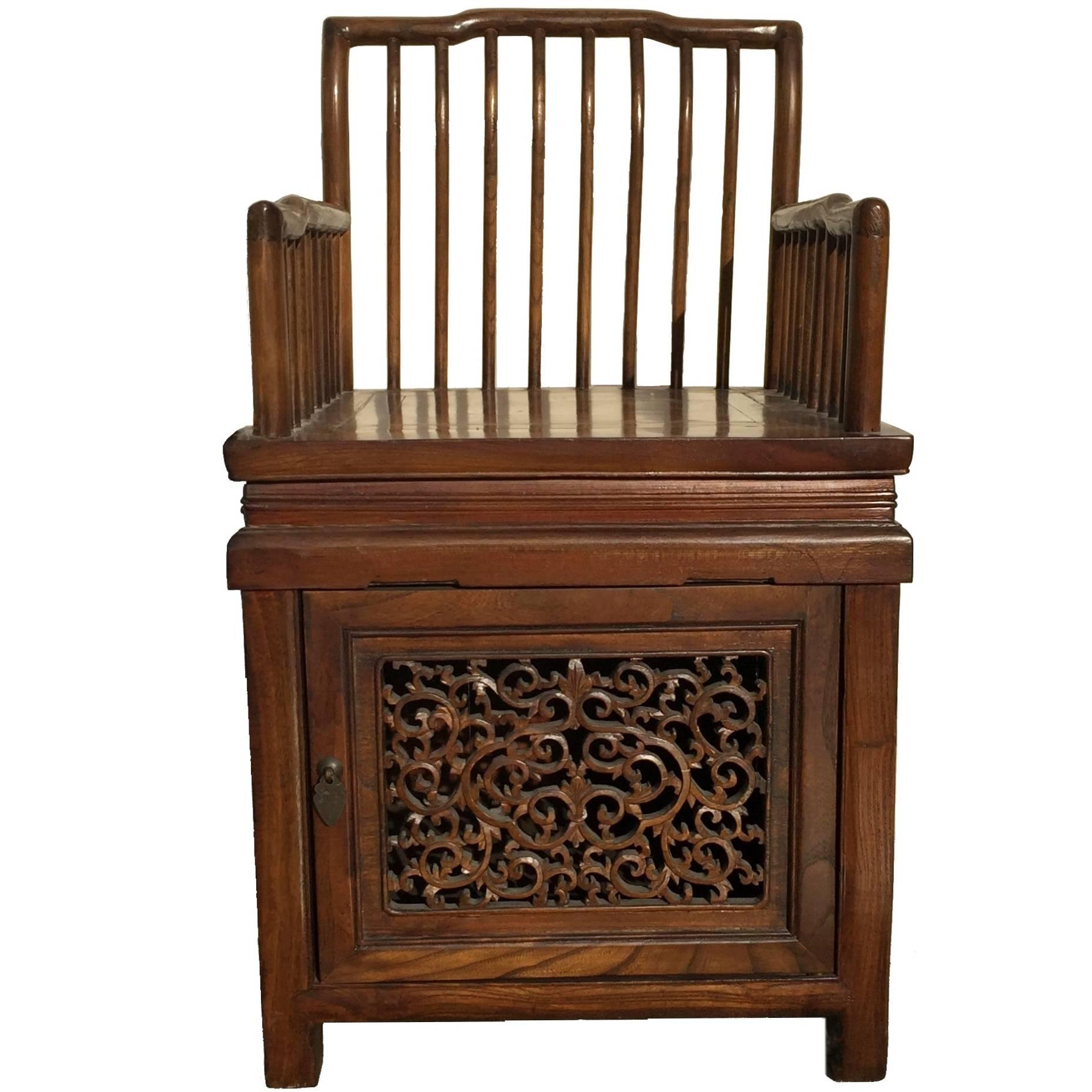 Antique Chinese Comb Back Chair with Carved Compartment For Sale