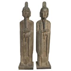 Vintage Pair of Garden Statues, Stone Sculptures of Flute Musicians