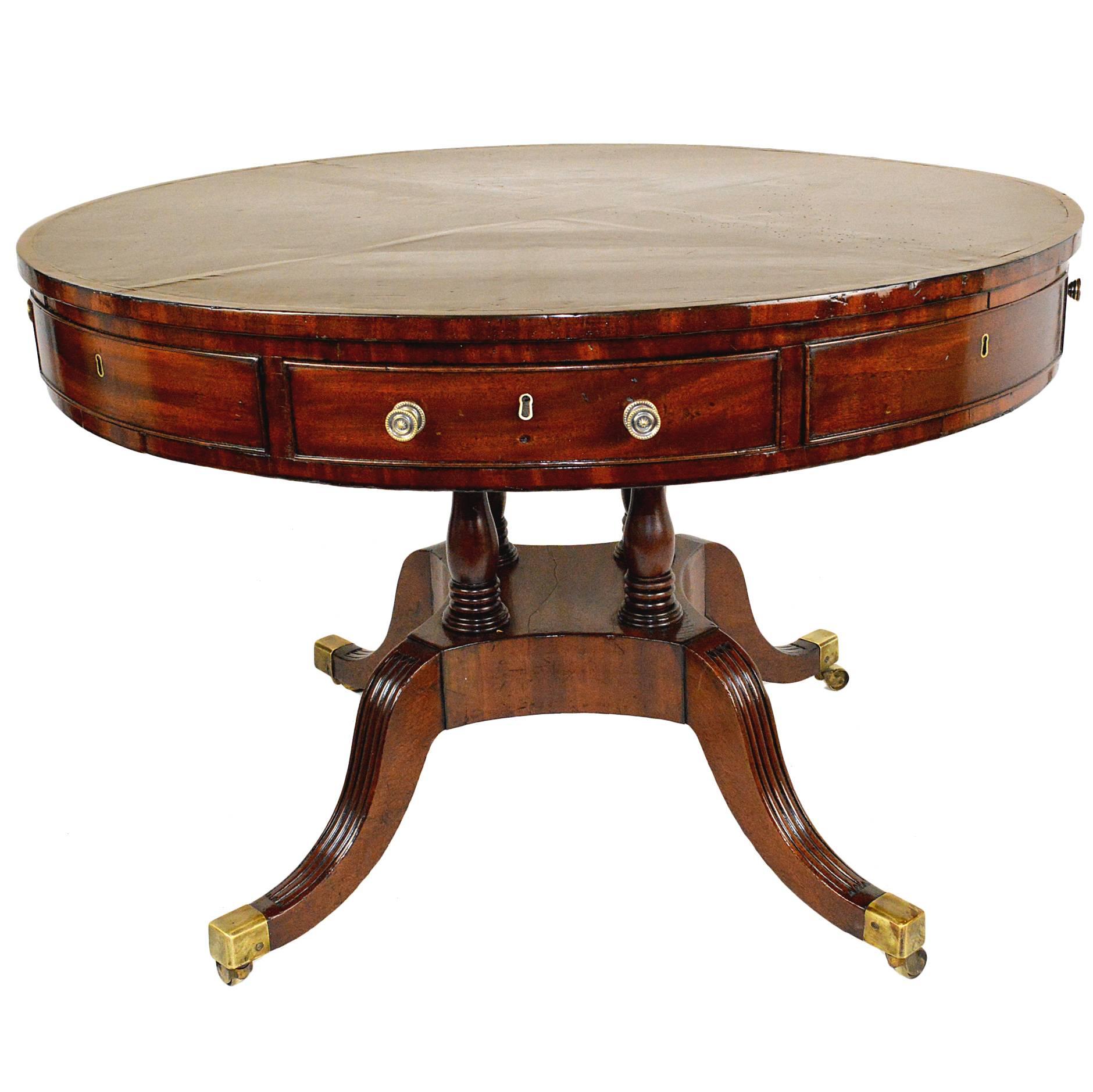 English Mahogany Inlaid Leather Top Rent/Drum Table For Sale