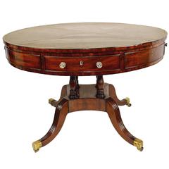 English Mahogany Inlaid Leather Top Rent/Drum Table